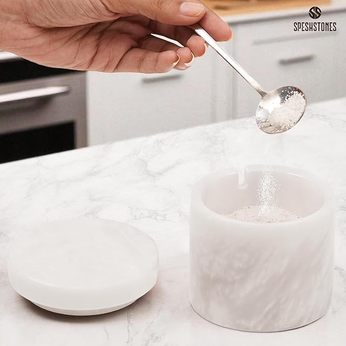 Marble Salt Cellar 3 Inch White Flaky Salt Containers for Countertop - Sugar Bowl With Lid, Salt Holder, Spice Jars, Salt Box for Seasoning Storage Container, Salt Dish for Kitchen Decor