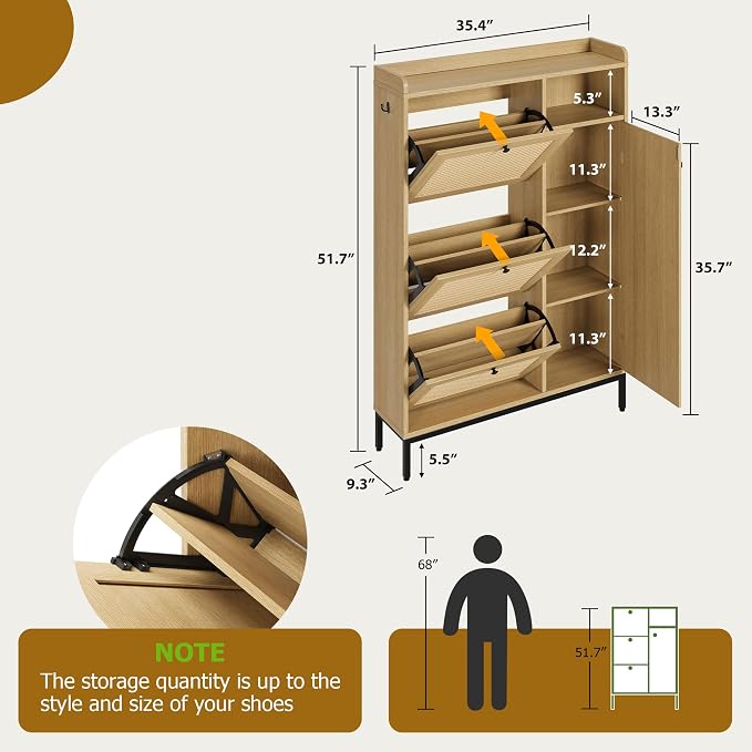 Garvee Shoe Cabinet with 3 Flip Drawers, Freestanding Shoe Organizer with 4-Tier Shoe Storage Cabinet and Adjustable Shelf & Rattan Doors,Narrow Shoe Rack Cabinet for Entryway, Closet, Hallway