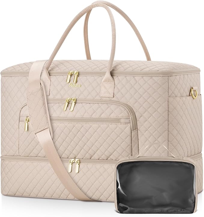 Travel Duffle Bag, Wide Open Large Weekender Bag for Women with Shoe Compartment, Carry on Overnight Bags with Toiletry Bag, Hospital Bag for Women Labor Delivery (Antiquewhite)