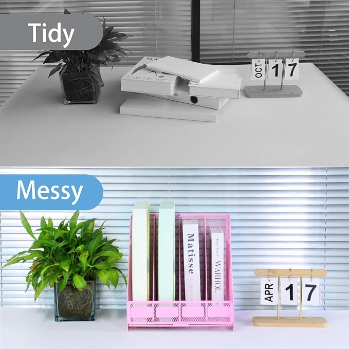 Desk Organizers Metal Magazine File Holder Racks Desktop Folder Storage Binder Organiser Document Organization for Home Office & Classroom,4 Vertical Compartments-Pink
