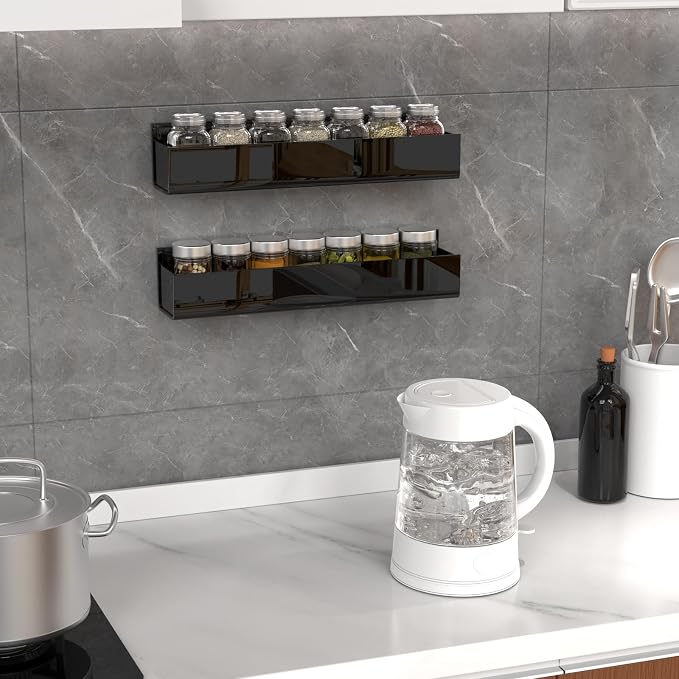 PMMASTO Adhesive Acrylic Spice Rack Organizer for Wall with Nano Double Sided Tape, Spice Shelf Organization for Kitchen Cabinet Door/Pantry Door, Wall Mount Seasoning Rack (Black-2 Pack)
