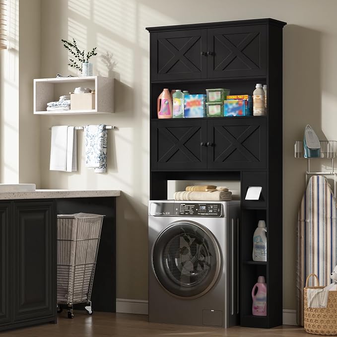 Halitaa Over The Toilet Storage Cabinet with Doors & Paper Holder, Black | Halitaa Farmhouse Toilet Shelf Home Space Saver with 4 Barn Doors & Toilet Paper Holder Stand for Restroom, Bathroom, Laundry