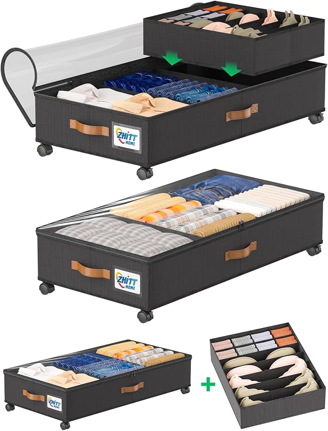 Under Bed Storage with Wheels, Under the Bed Storage Containers Lids | 2-Pack 58L & 1-Pack 15L Box, Organizer Bins Rolling Underbed Storage for Clothes, Underwear, Socks, Shoes