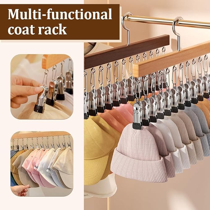 2026 Closet Organizer with 10 Clips, Space Saving Hanging Closet Storage for Hats, Scarves, Socks, Jeans, Skirts & Pants, Multi-Purpose Clothes Hanger with Clips (1PCS, Wood)
