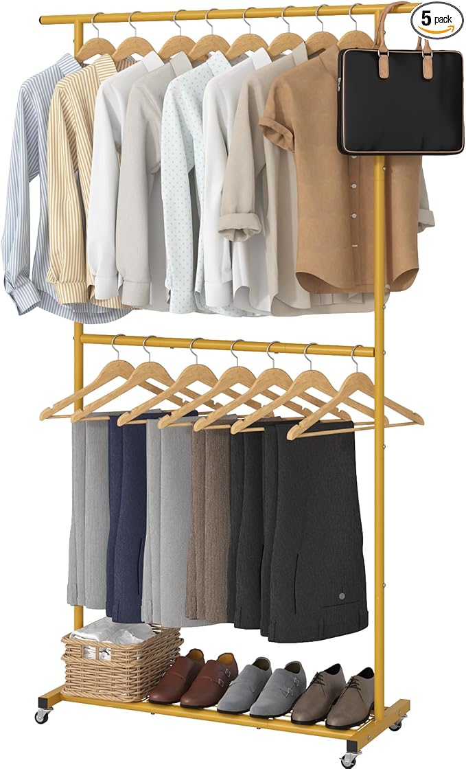 Sywhitta Double Rod Clothing Garment Rack, Rolling Coat Hanger with Bottom Mesh, Clothing Rack for Hanging Clothes, Coats, Skirts, Sweaters, Gold