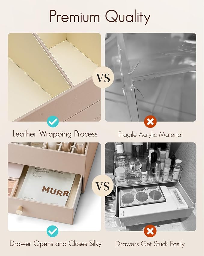 VLANDO Makeup Organizer,Vanity Organizer with Drawers, PU Leather Skincare Organizer Perfume Organizer,Large Cosmetic Display Case for Lipstick,Brushes Gifts for Women, Toffee, 4 Layer