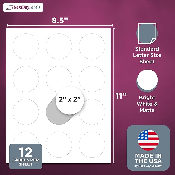 NextDayLabels 2 Inch Round Circle Stickers White for Bleeds Laser Inkjet - 12 Per Sheet Self-Adhesive Candle Jar Product Lids Made in USA - 600 Labels