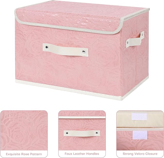 ANMINY 2PCS Fabric Storage Bin with Lid Rose Print Box Basket with PU Leather Handles Washable PP Plastic Board Decorative Foldable Lidded Shelf Cubes Closet Organizer Container - Pink, Large Size