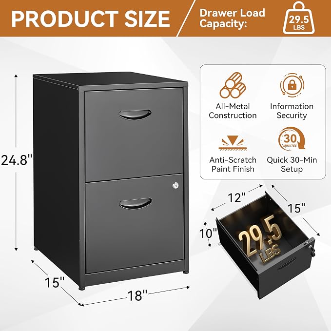 Polup 2 Drawer File Cabinet with Lock, Metal File Cabinets for Home Office, Two Drawer Locking Filing Cabinet, Small File Cabinet for Under Desk for Hanging Letter Size, Black, Assembly Required