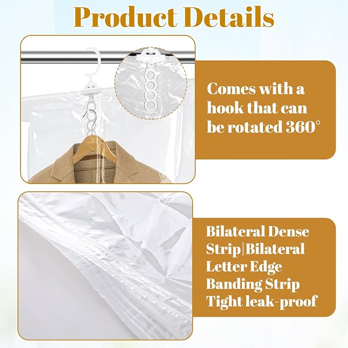 Ptwola 8 Pack Hanging Vacuum Sealer Storage Bags Reusable Space Saver Compressed Bags Closet Organizer Moving Travel Supplies for Clothes Coats Suits Dress Jackets Bedding Comforters Blankets