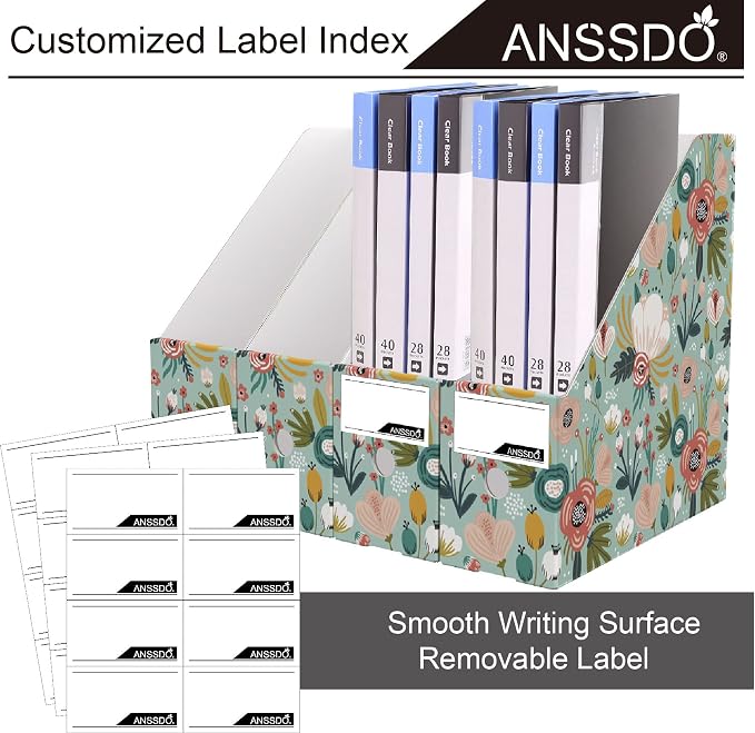 ANSSDO 12 Pack Cardboard Magazine File Holder Organizer - Teal Floral | 24 Pieces Lable Included; Large Volume Recycable Cardboard Storage Box; Easy Assemble and Label