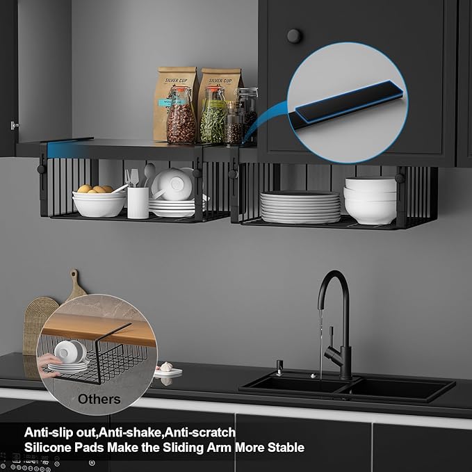 AmonHouseware 2Pack Under Shelf Basket Organizer,Adjustable Hanging Holder Storage for Cabinet Pantry Kitchen Cupboard Desk Counter Bookshelf Organization Add-on Space Saver Heavy Duty Slide-in,Black
