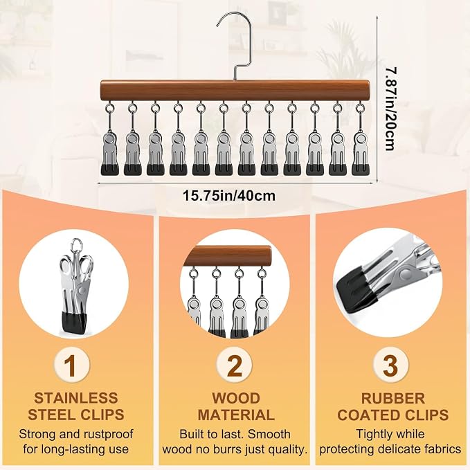 Closet Organizer with 12 Clips, Space Saving Hanging Closet Storage for Hats, Scarves, Jeans, Skirts, Socks, Pants, Multi-Purpose Clip Hanger(Vintage TypeA*2)