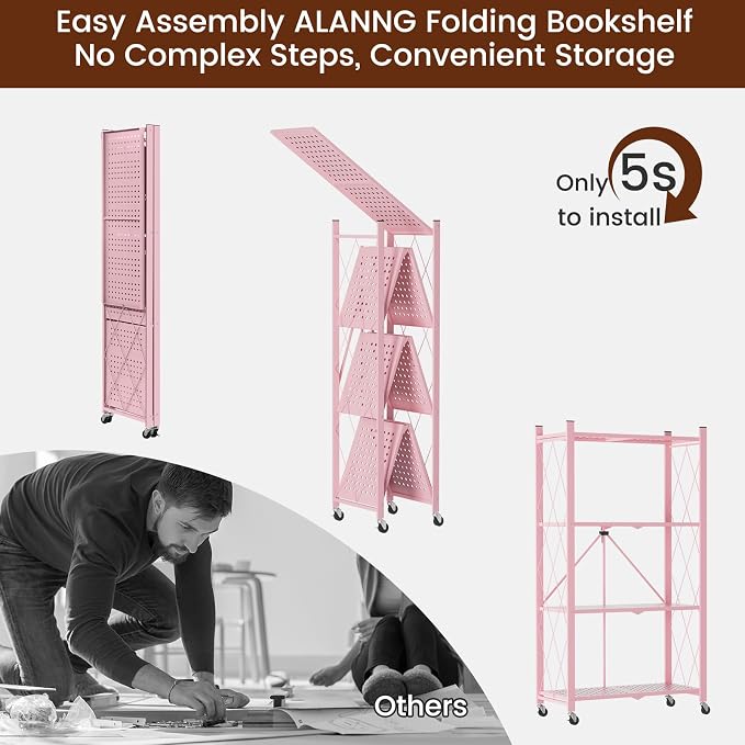 ALANNG 4 Tier Folding Storage Shelf on Wheels,Heavy Duty Metal Rolling Cart | 264 lbs Capacity, No Tools Assembly, Folds to 3.9", Lockable Casters, Portable for Kitchen Laundry Garage (Pink, 2 Pack)