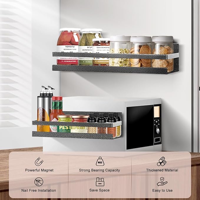 Uten Magnetic Spice Rack for Refrigerator 2 Pack, Spice Organizer Kitchen | Strong Metal Magnetic Shelf, Capacity of up to 23lbs,16"*4.5" and 12"*4", Scratch-resistant, Muti- Use, Gray