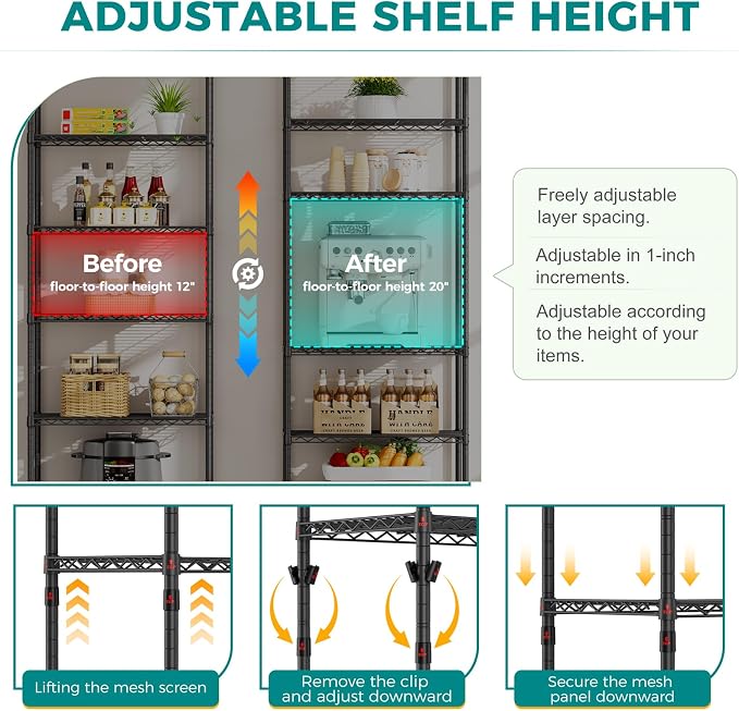 SINGAYE 6 Metal Shelves Wire Shelving Storage Shelf Adjustable Unit Pantry | 6 Tier Kitchen Laundry Room Organization Home Pantry Closet Bathroom Organizers Garage Rack 14" D x 24" W x 72" H Black