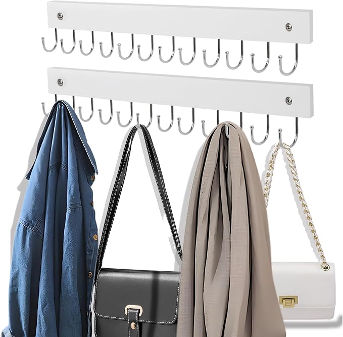 2 Pack Purse Organizer Wall Mount with 24 Rotating 180° Coat Rack, 14.6" Wooden Entryway Purse Holder, Wall Hooks for Hanging Belts, Ties, Keys, Scarf, Bras, Bag, Space Saving Hanger (White)