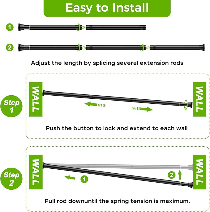 Black Shower Curtain Rod 32 to 76 Inches Adjustable, 7/8 Inch Diameter Heavy Duty Tension Curtain Rods No Drill, Rust-Resistant Tension Rod for Bathroom, 2 Pack