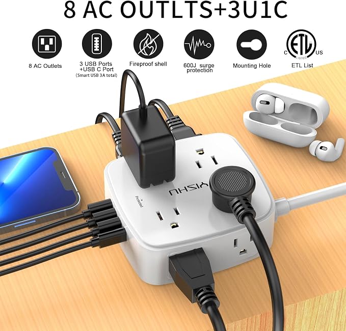 20 Ft Surge Protector Power Strip - 8 Widely Outlets with 4 USB Ports, 3 Side Outlet Extender with 20 Feet Extension Cord, Flat Plug, Wall Mount, Desk USB Charging Station, ETL, White