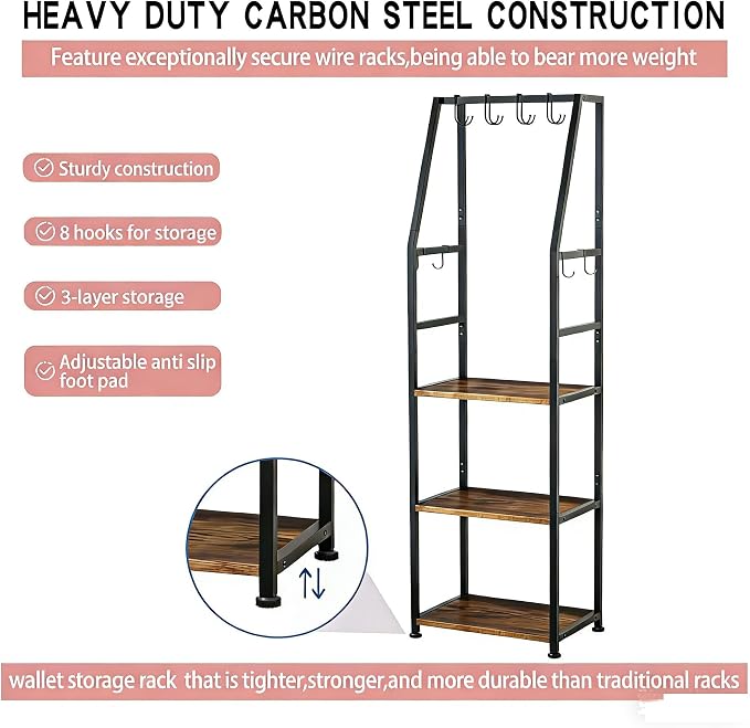 Hall Tree with Hanging Hooks,Heavy-Duty Metal Coat Rack with Shoe Shelves,3-Tier Purse Stand Handbag Organizer，Suitable for Hallway,Bedroom and Bathroom (Brown)