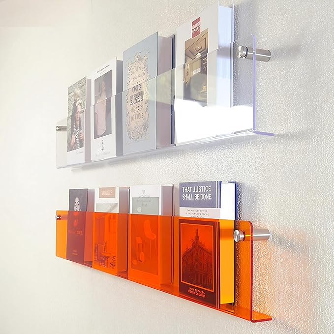 ROYALITA 2-Pack Acrylic Magazine Holder Brochure Holder, Orange 24 Inch | Record Magazine Rack, Fashion Floating Bookshelf, Literature Storage Rack for Waiting Room, Living Room, Office