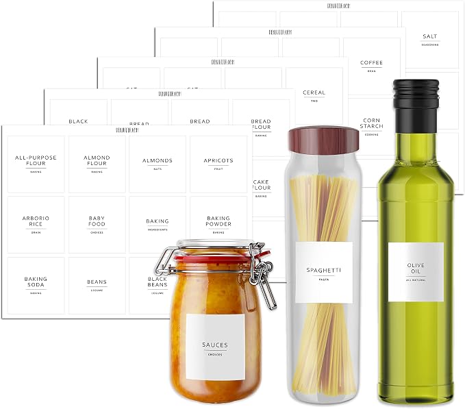 Pantry Labels - Waterproof Minimalist Preprinted Canister Labels for Food Containers - Plastic and Glass - White Vinyl - Set of 1