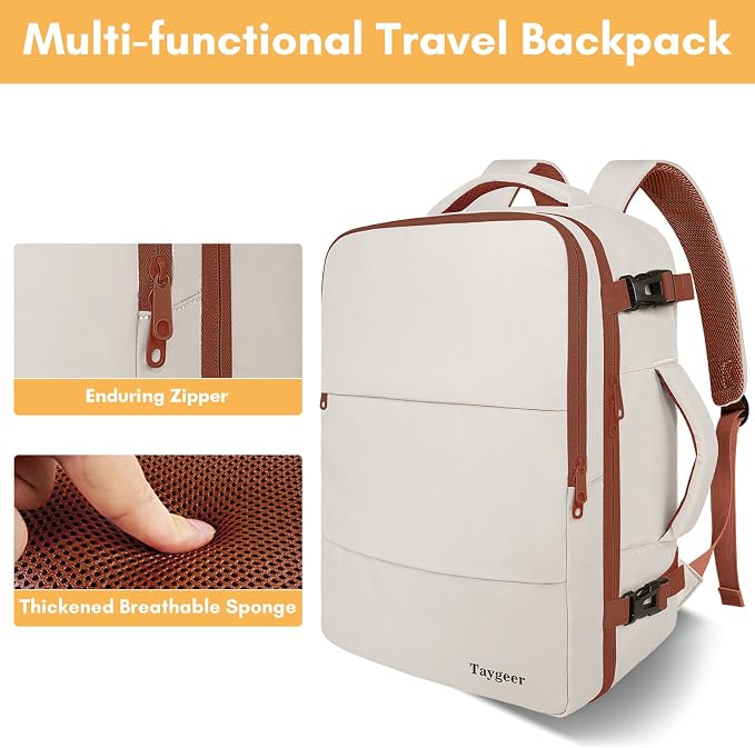 Taygeer Backpack for Women, College Backpack with Laptop Compartment | Travel Laptop Mochila Carry On Luggage with Shoe Pouch, Airline Approved Personal Item Bag For Weekender Hiking, Khaki White