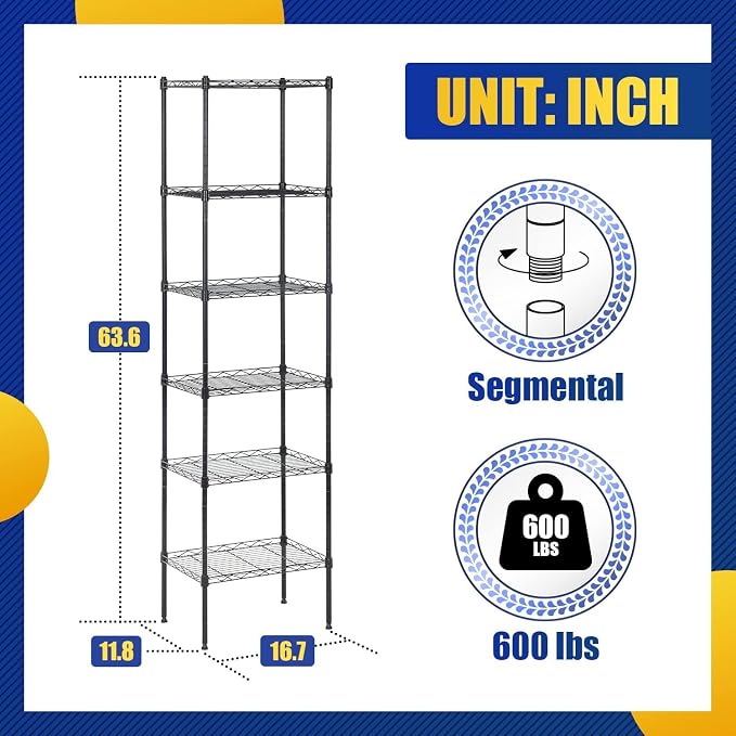 Meet perfect 6-Tier Wire Shelving Unit, 600 lbs Capacity Heavy Duty Metal Storage Rack, Adjustable Height Standing Shelf Organizer for Kitchen, Pantry, Garage, 63.6" H x 16.7" W x 11.8" D
