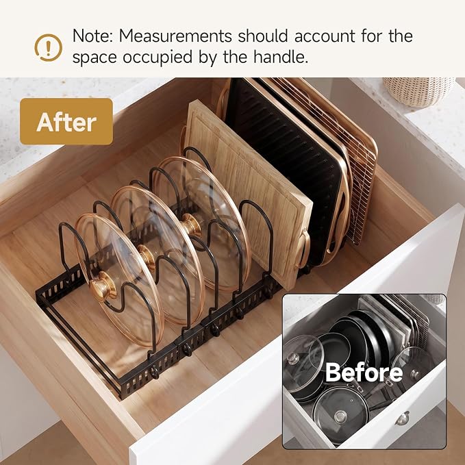MUDEELA Pot Lids Organizer Rack for Cabinet and Countertop, Pot and Pan Lid Organizer Holder with 7 Adjustable Compartments, Baking Cookie Sheet Bakeware Cutting Board Kitchen Storage Organizers