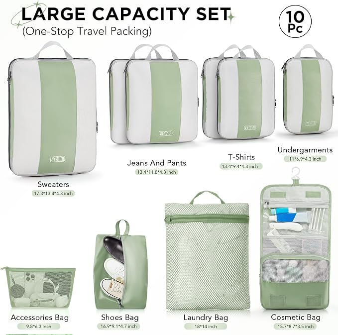 OlarHike 10 Set Compression Packing Cubes for Travel Essentials,Compressible Expandable Space Saver Bags for Organizing Clothes,Luggage Garment Bags with Over 1000 pcs Mesh Holes(Matcha Green)