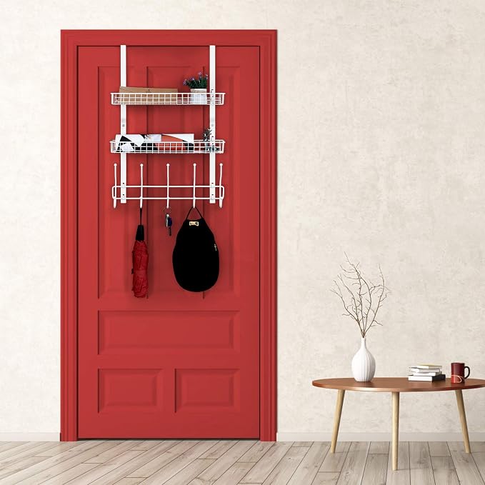 Over The Door Hanger Organizer with 2 Mesh Baskets & 5 Towel Hooks, Detachable Behind The Door Storage Towel Rack for Coats, Hats, Handbags, Easy Install Metal Hanging Hook Coat Rack Shelf, White