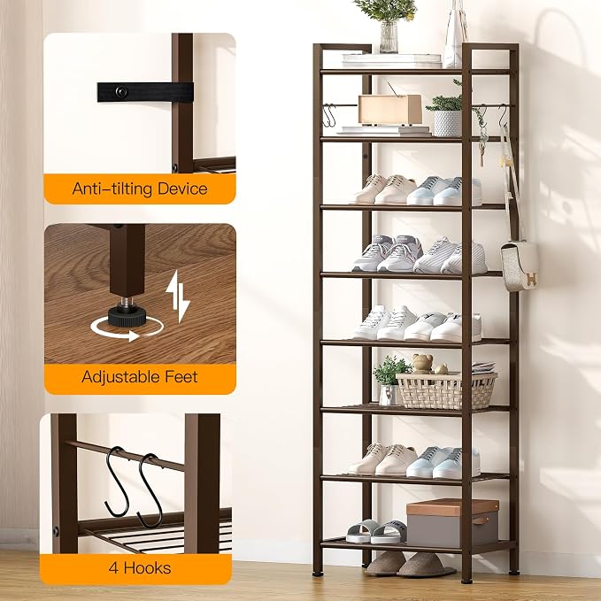usikey 8 Tiers Narrow Shoe Rack 16-24 Pairs, Sturdy Metal Tall Shoe Rack with 4 Hooks, Slim Shoe Storage Organizer with Metal Shelf, Space Saving Vertical Shoe Shelf for Closet Entryway, Bronze