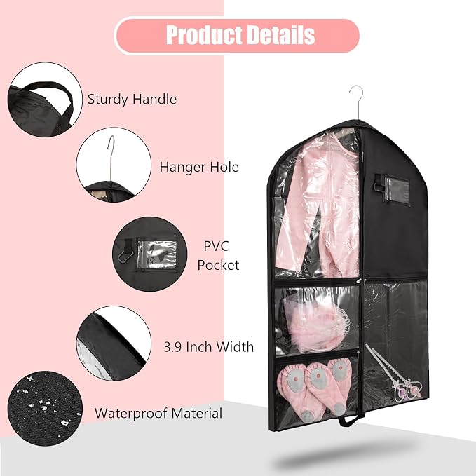 Dance Costume Garment Bag for Dancers with Backpack Storage Bag,40 inch Kids Garment Bag for Dance Competitions with Pockets for Dance Costumes,Cheer Uniform Garment Bags for Hanging Clothes Travel