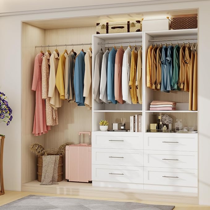 Closet System, 2FT-5FT Closet Organize System with 3 Wooden Drawers, 2 Hanging Rods & Shelf, Small Walk in Closet System Storage, Modular Closet System, White(2FT)