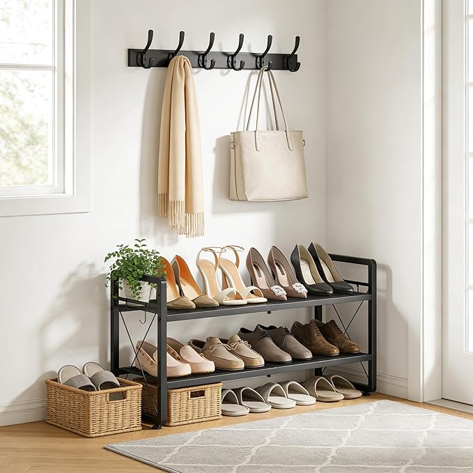 ELYKEN Shoe Rack, 2-Tier Expandable Shoe Organizer for Closet, Metal Black Shoe Shelf with 4 Hooks, Adjustable Shoe Stand Holder for Entryway, Garage, Door Entrance