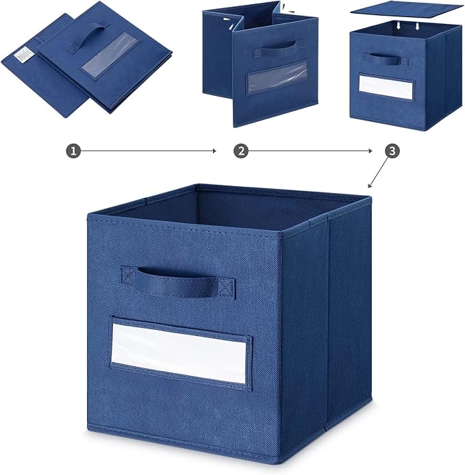 13x13x13 storage cube bins(Set of 8) Fabric storage cubes with 8 Labels Window Cards & a Pen, storage cubes 13x13, Collapsible 13 inch cube storage bins, Cubby Boxes, Navy Blue