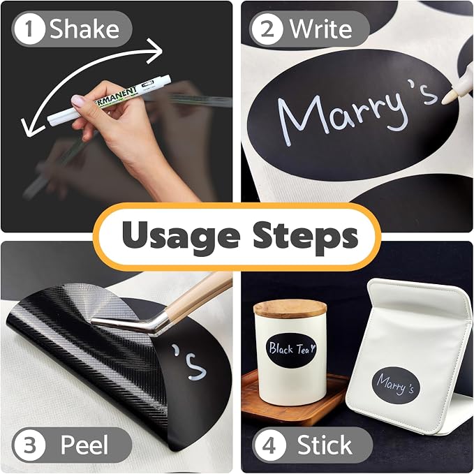 JIEHENG 180Pcs Chalkboard Labels for Jars, Waterproof Reusable Blackboard Stickers with 1 Liquid Chalk Markers, Organization Labels Removable (Black, Round)