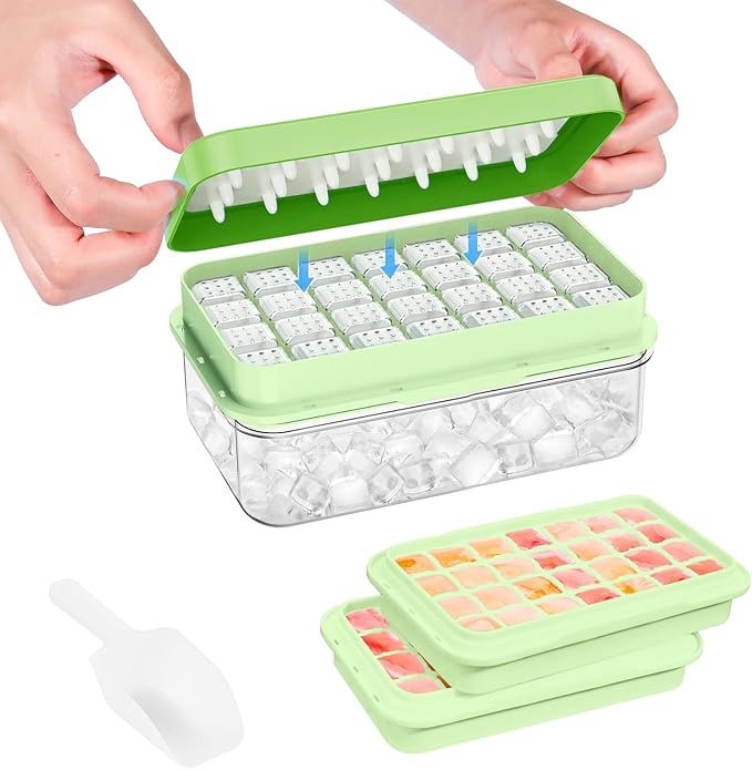 0.8“ Ice Cube Tray with Lid and Bin, PHINOX 56 Cubes Ice Trays for Freezer, Ice Cube Trays for Freezer with 2 trays, Container, Lid & Ice Scoop, BPA Free, Green(28Cubes/Tier)