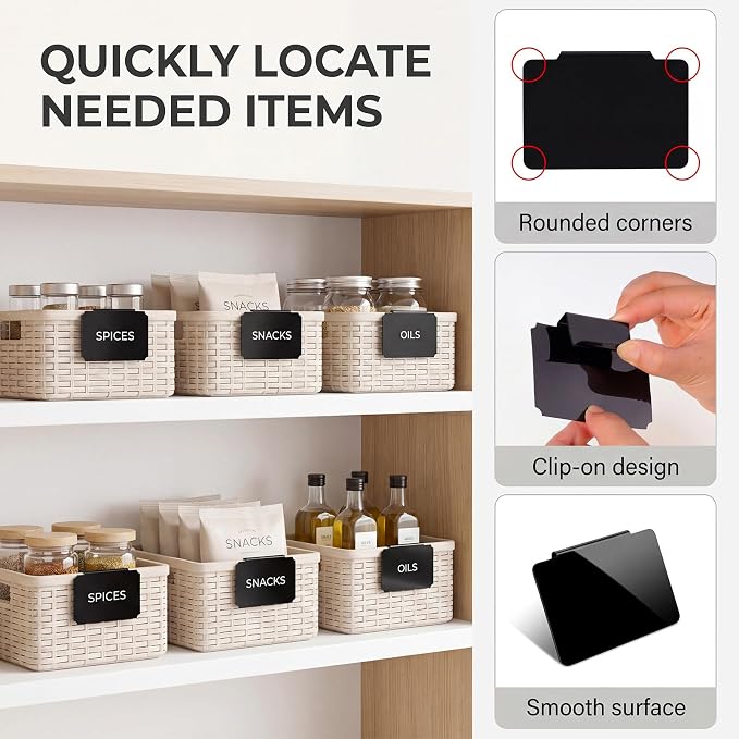 20 Pcs Basket Labels Clip On for Storage Bins, Pantry Organization with2 Markers and 2 Wipe Cloths Reusable Clip on Chalkboard Basket Tags for Pantry Storage Kitchen