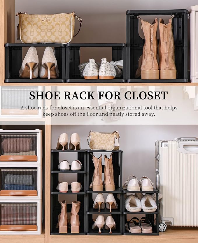 HAIXIN Shoe Organizer Rack for Small Spaces 5 Tier Plastic Vertical Narrow Shelves for Closet Black Shoe Holder, Stand for Entryway Storage Boots Organizer Stackable Cabinet (Pack of 2)