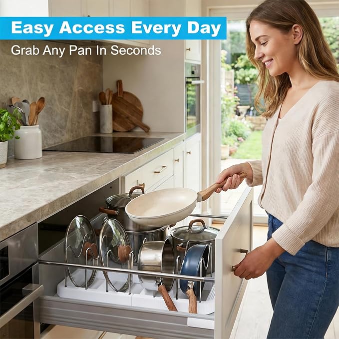 A Pots and Pans Organizer Rack for Under Cabinet, Expandable 12.99''-22.05'' Pot Lid Holder with 7 Adjustable Dividers, Space-Saving Storage for Renters, Small Homes&Cooks (White)