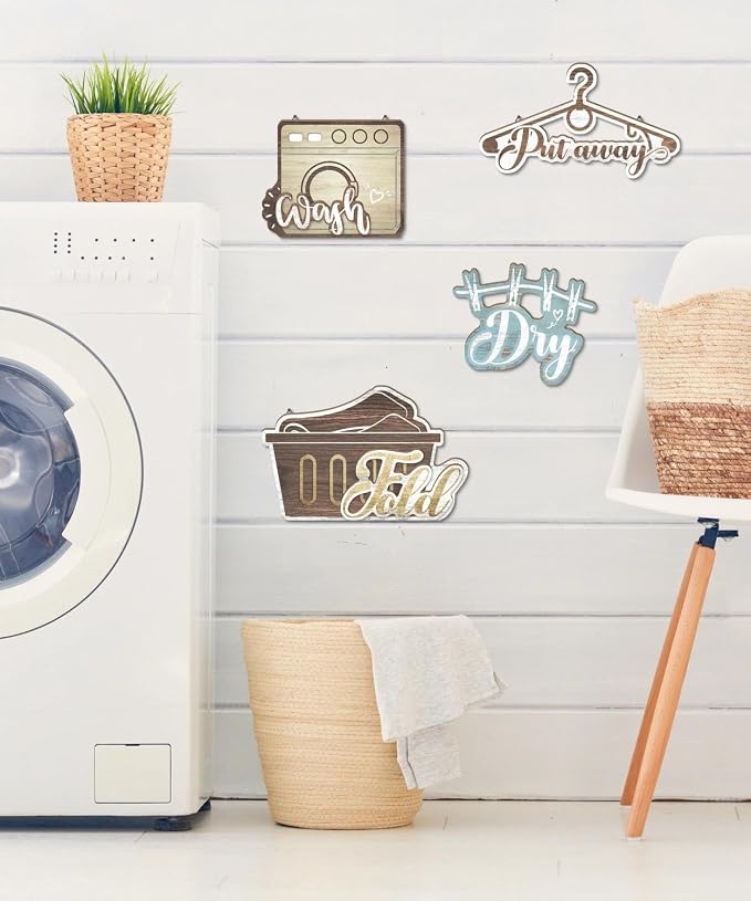 Putuo Decor Laundry Room Wall Decor Set, Farmhouse Style Wash Dry Fold Put Away Signs, Laundry Room Hanging Decor, Decorative Wall Art for Laundromats Home Utility Space