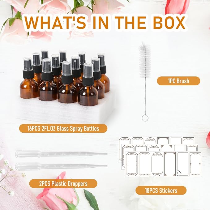 Jaisie.W 16 Pack 2oz Amber Glass Spray Bottles with Fine Mist Sprayer | Small Empty Refillable Containers for Essential Oils, Perfumes, Travel, Cleaning – Includes Labels, Droppers & Brush