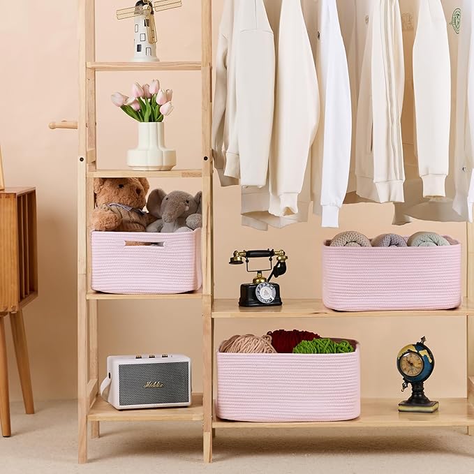 MiniArk Large Storage Baskets for Shelves, 17 x 13 x 7.5” Closet Organizers Bins for Clothes Blanket Towels, Baby Nursery, Toy Baskets Box, Woven Rope Baskets, 2 Packs Light Pink