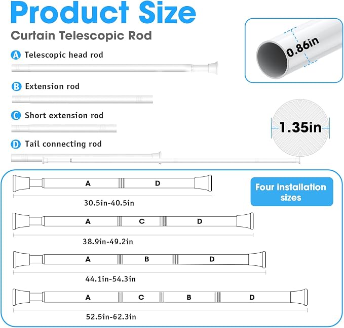 MEXAU 1 Pack Tension Curtain Rods 31-62 Inch,Adjustable Spring Tension Rods White Shower Curtain Rod No Drilling for Window, Bathroom, Closet, Room Divider, 7/8" Diameter