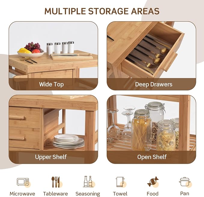 Kitchen Island, Rolling Butcher Block Kitchen Cart on Wheels, Bamboo Kitchen Trolley with Drawers, Shelves, Towel Rack, Small Kitchen Island Cart for Dining Room