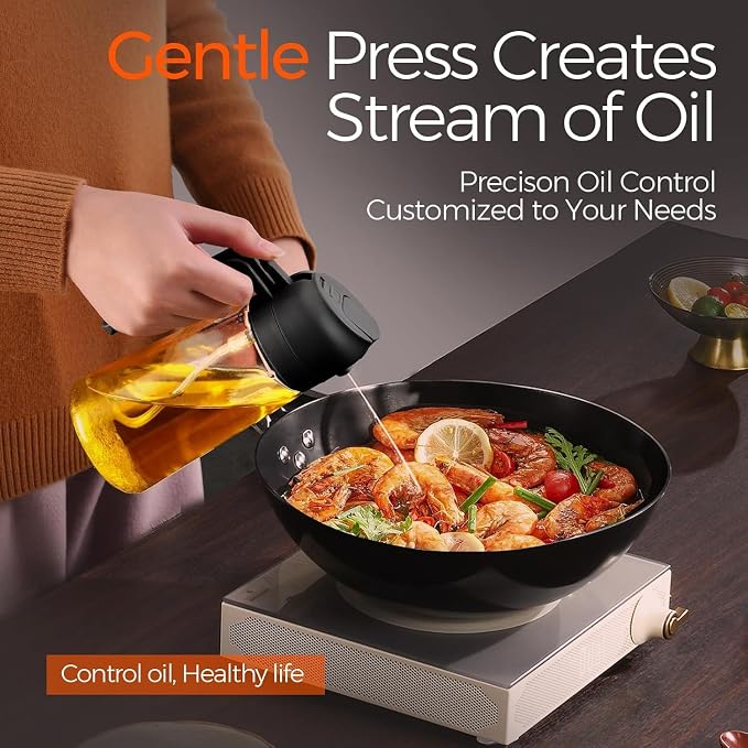 16oz Glass Olive Oil Sprayer for Cooking, 2 in 1 Oil Dispenser, Food Grade Premium Spray Bottle with Portion Control for Salad, Frying, BBQ (Black)