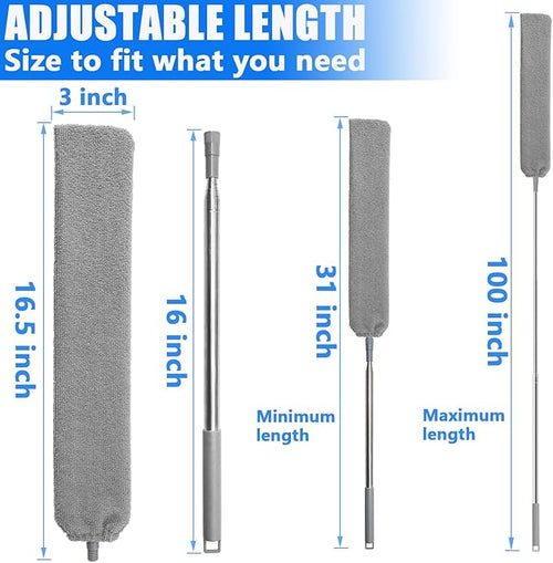 100 inches Retractable Gap Dust Cleaner Cleaning Tools with 4 Microfiber Dusting Cloths Long Handle, Washable and Retractable Duster Brush for Cleaning Under Appliances Furniture Couch Fridge