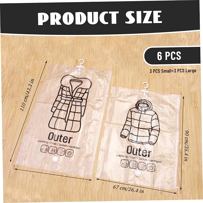 6PCS Hanging Vacuum Storage Bags Reusable Space Saver Clothes Vacuum Sealer Bags 26x35"＆26x39" Moisture-Proof Cloth Storage for Dress, Winter Coats