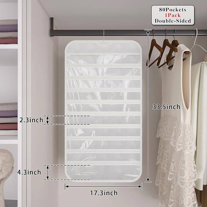 2-Pack Hanging Jewelry Organizer 80-Pocket Dual-sided Jewelry Storage for Jewelry Earring Necklace Bracelet Ring Storage Travel Holder, White | Foldable clear PVC 80-pocket storage; swivel hook fits walls, doors & rods to organize earrings, necklaces, ...